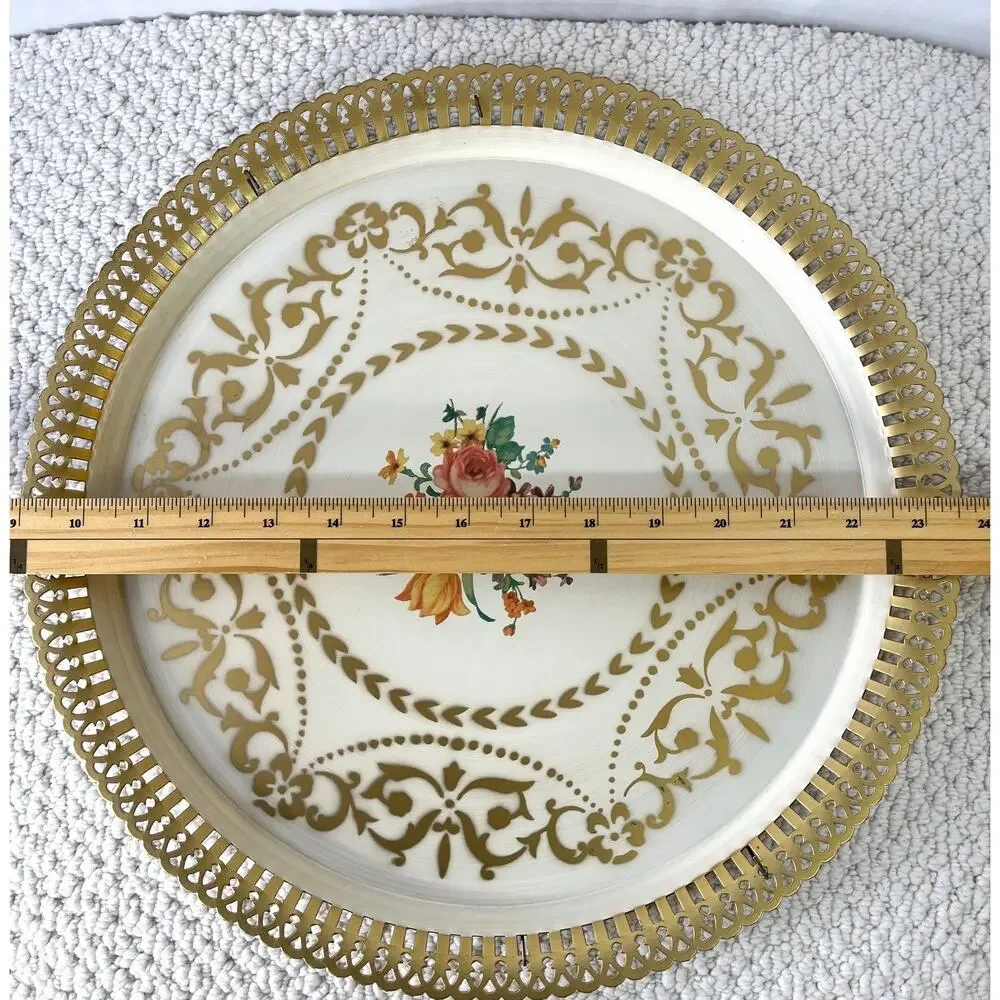 American Art Works Social Supper Tray Round Floral Raised Reticulated Edge 14.5